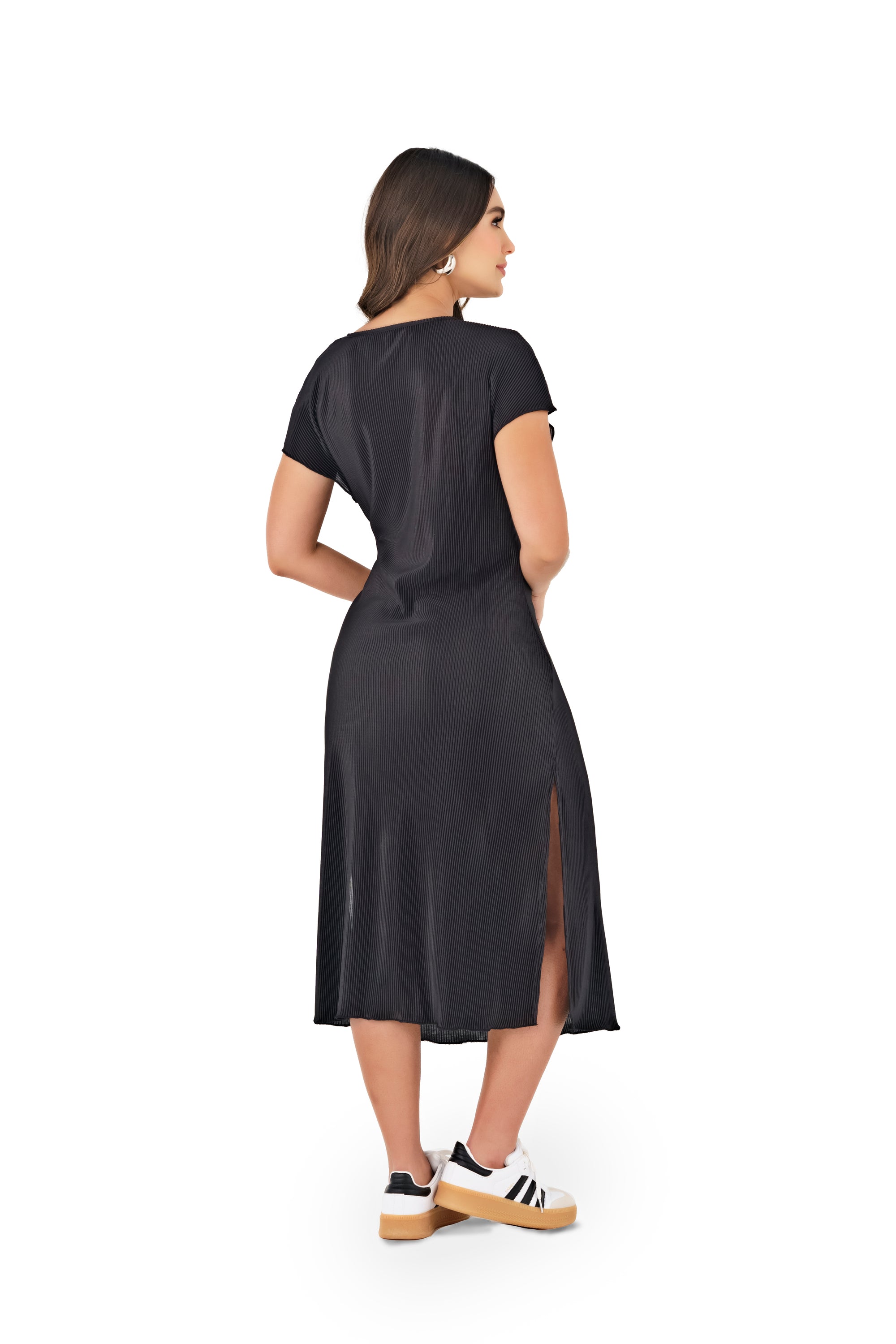 Vestido Midi Negro Casual con Abertura Lateral