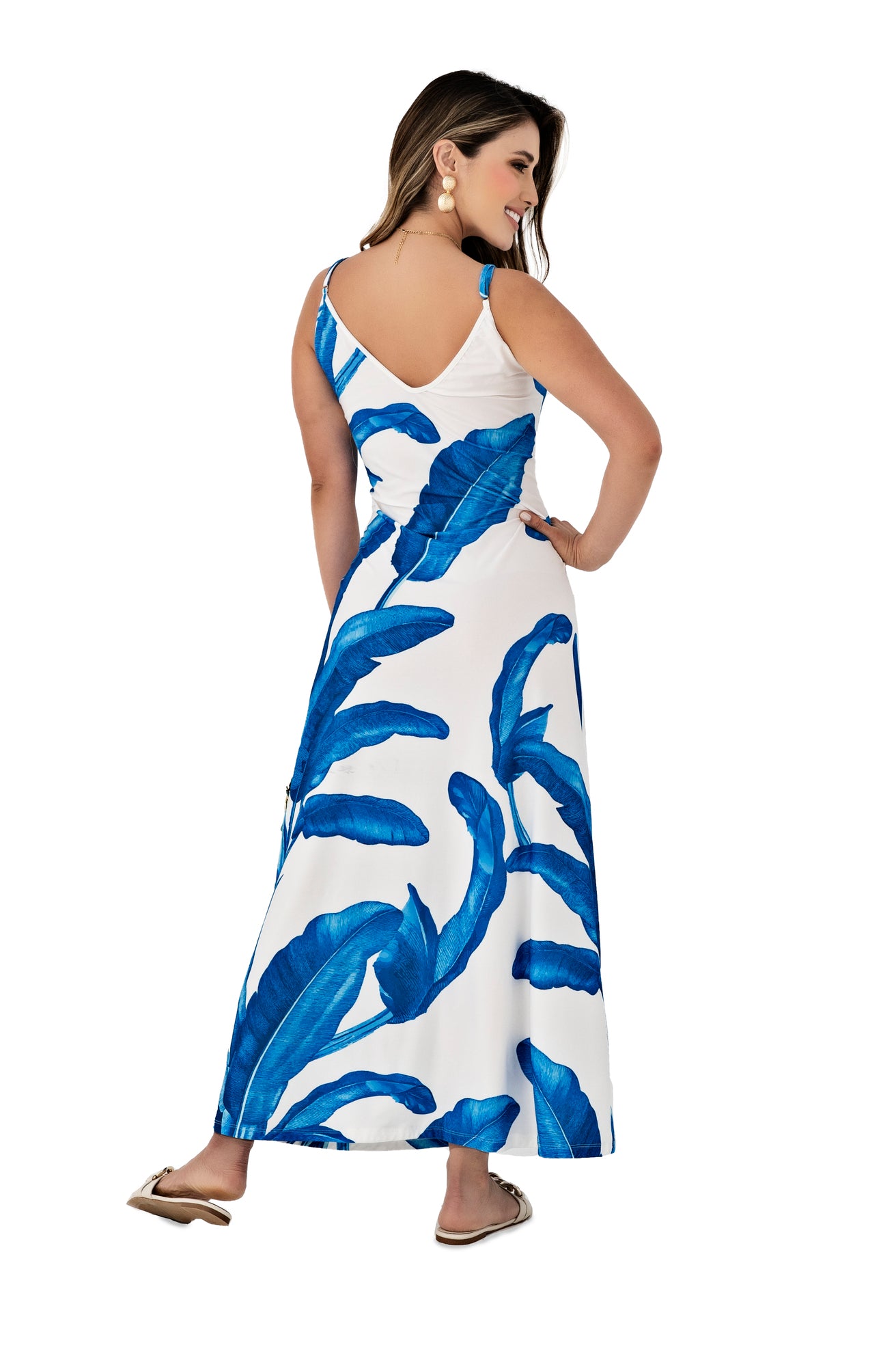 Vestido Largo Tropical con Estampado de Hojas Azules