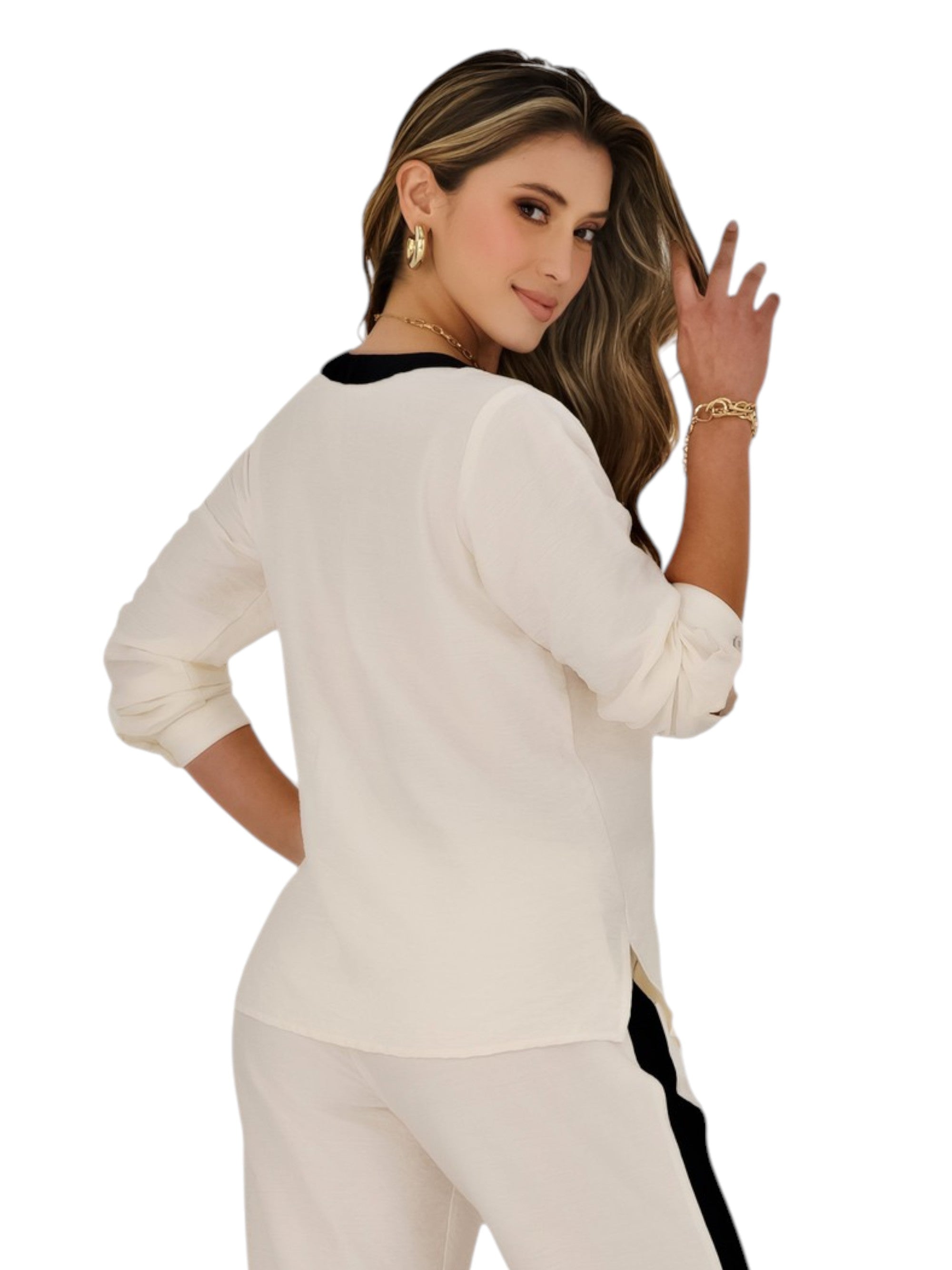 Blusa Femenina Bicolor con Botones