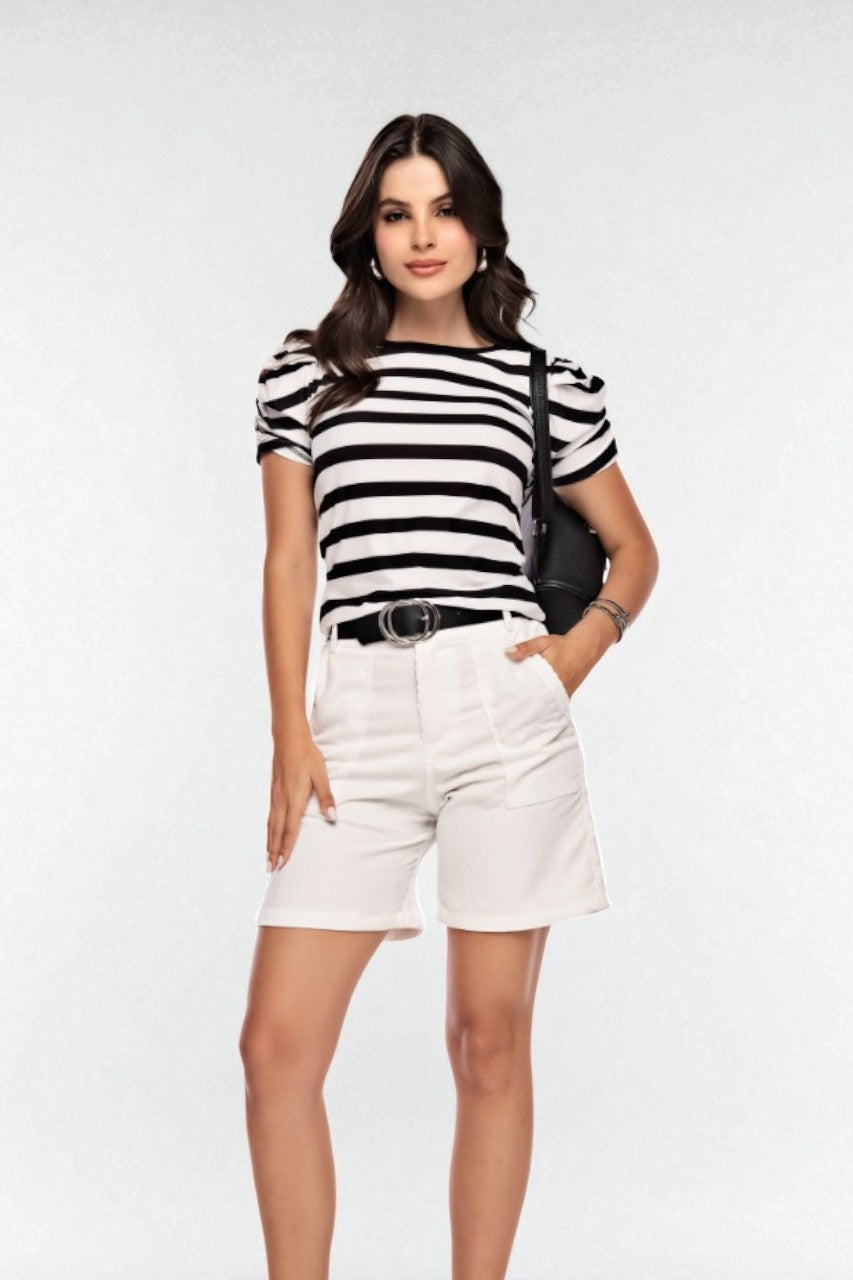 Blusa a Rayas Blancas y Negras con Manga Fruncida