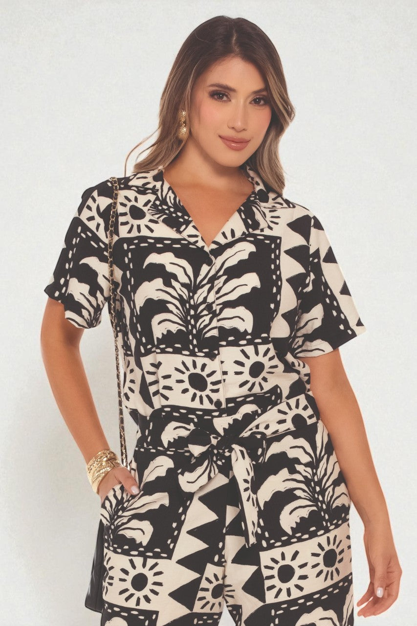 Blusa Camisera con Estampado Étnico